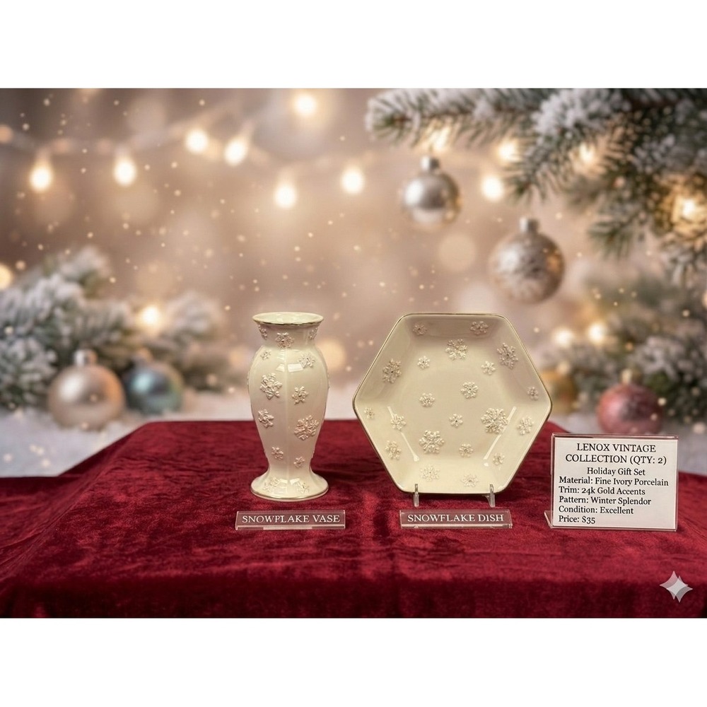 Lenox Winter Splendor Gift Set Ivory Gold 24k Porcelain Snowflake Vase Dish